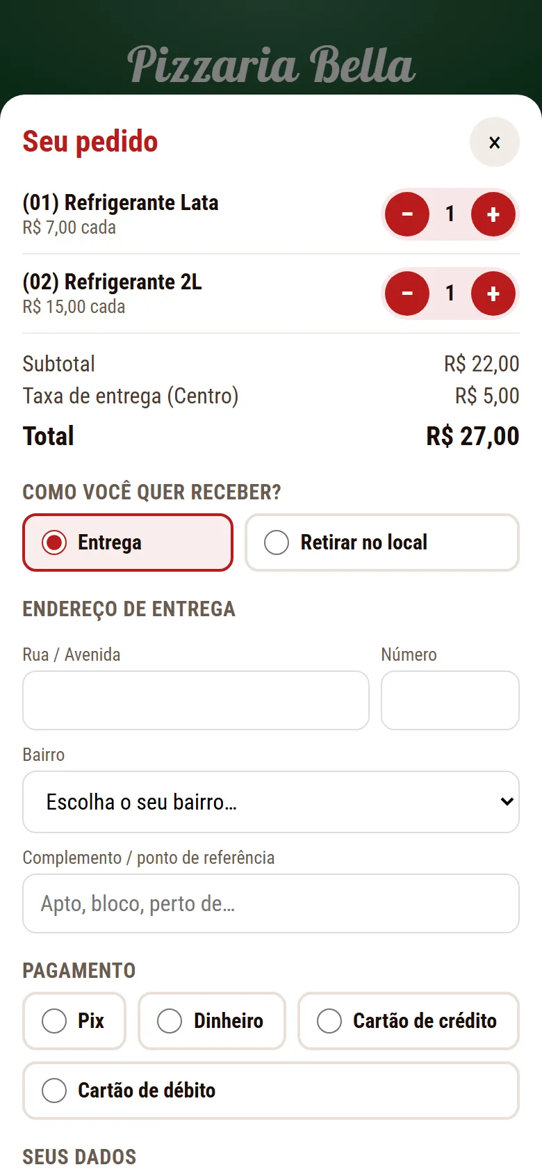 Fechamento do pedido no celular